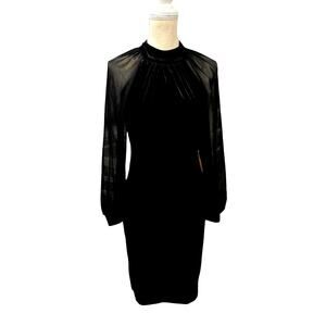 NWT!!, Velvet, Blk Dress W/Shear Sleeves, High Neck, Midi, Size 4, Witchy,‎ Goth